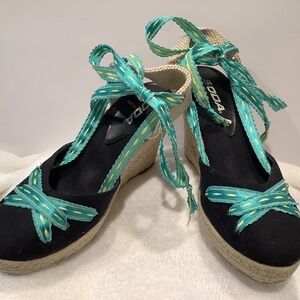 Espadrilles custom black with multicolored green,yellow ribbon lace up ankle tie